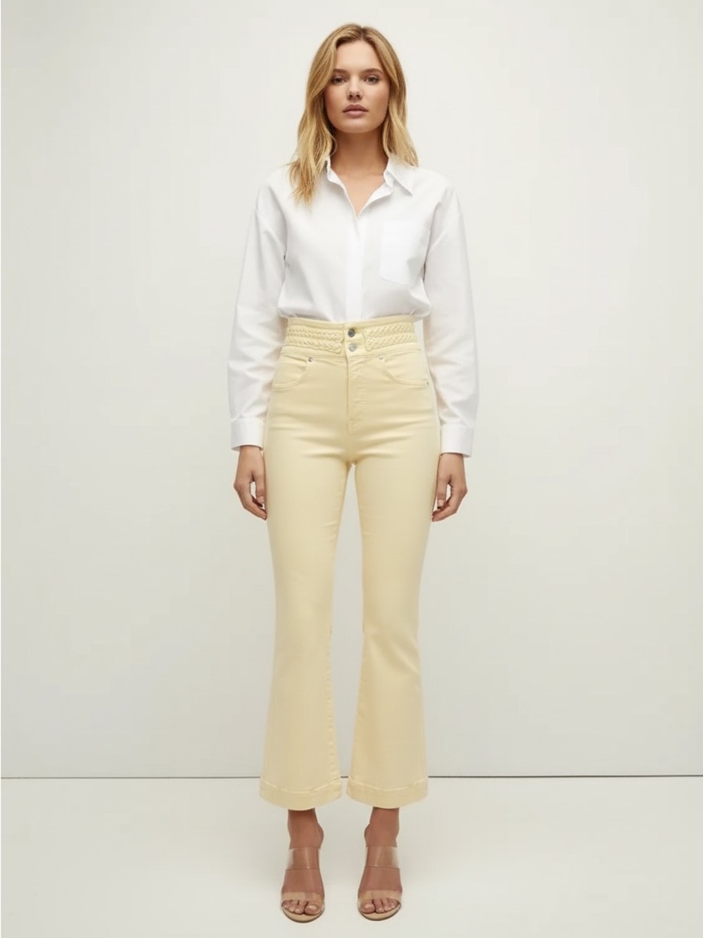 Veronica Beard Carson High Rise Slightly Cropped Braided Flare Jeans Yellow 30